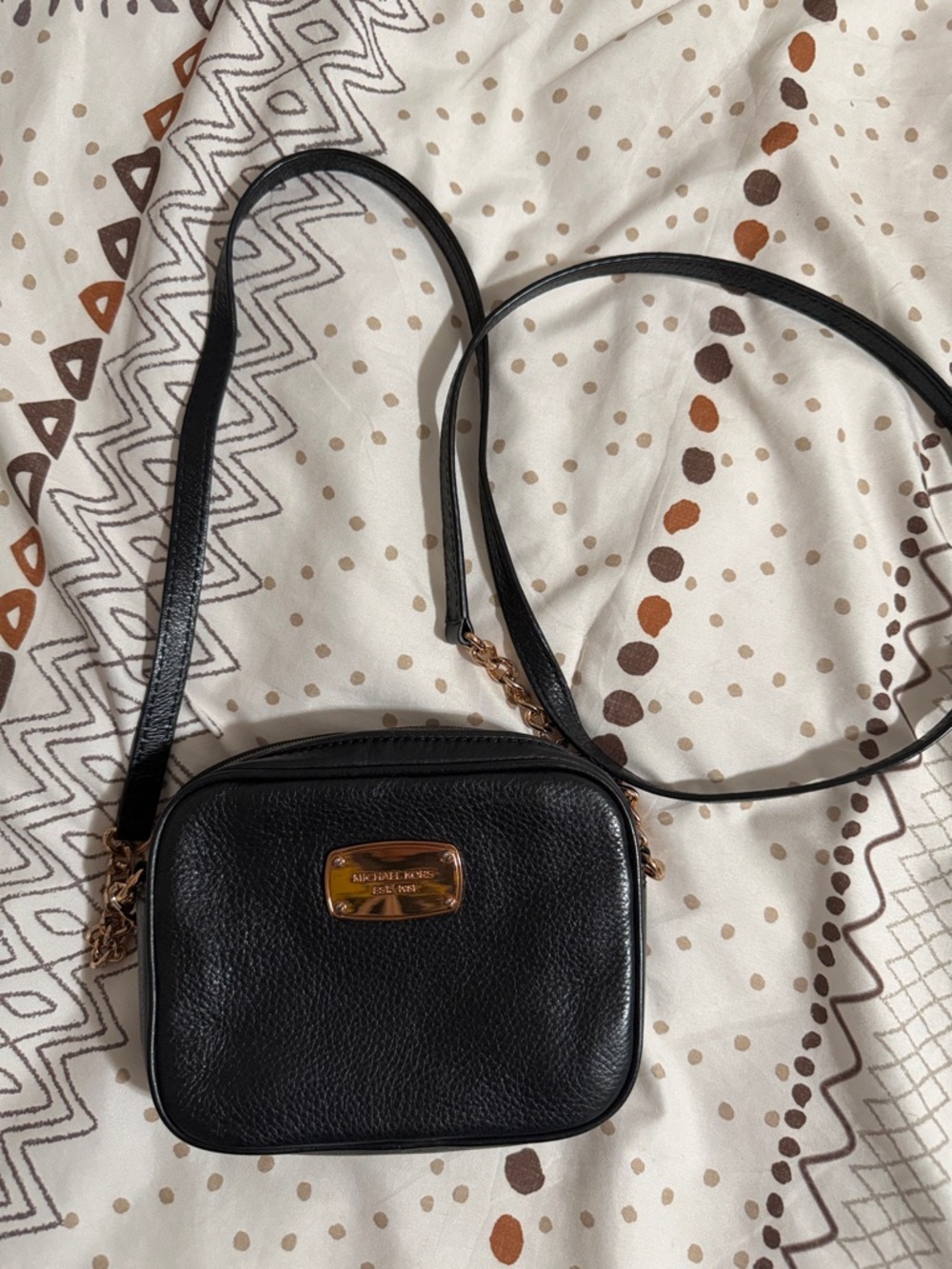 Michael Kors Black Pebbled Leather Compact Crossbody with Gold Accent